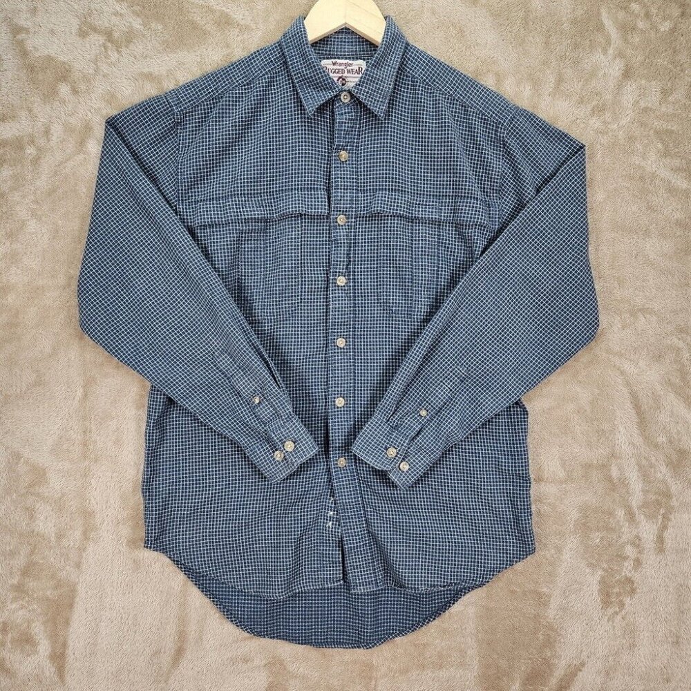 Wrangler Rugged Wear Flannel Plaid Shirt Button Pockets Mens Size L Blue Outdoor